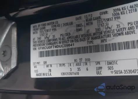 2013 Ford Escape S from USA, damaged, VIN 1FMCU0F74DUC09841